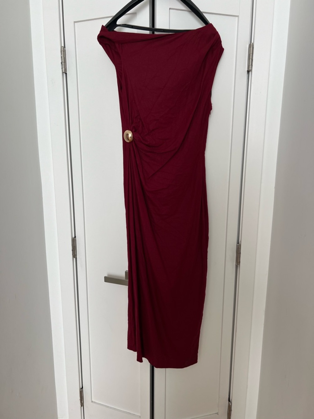 Zara One-Shoulder Midi Dress in Burgundy with Gold Accent